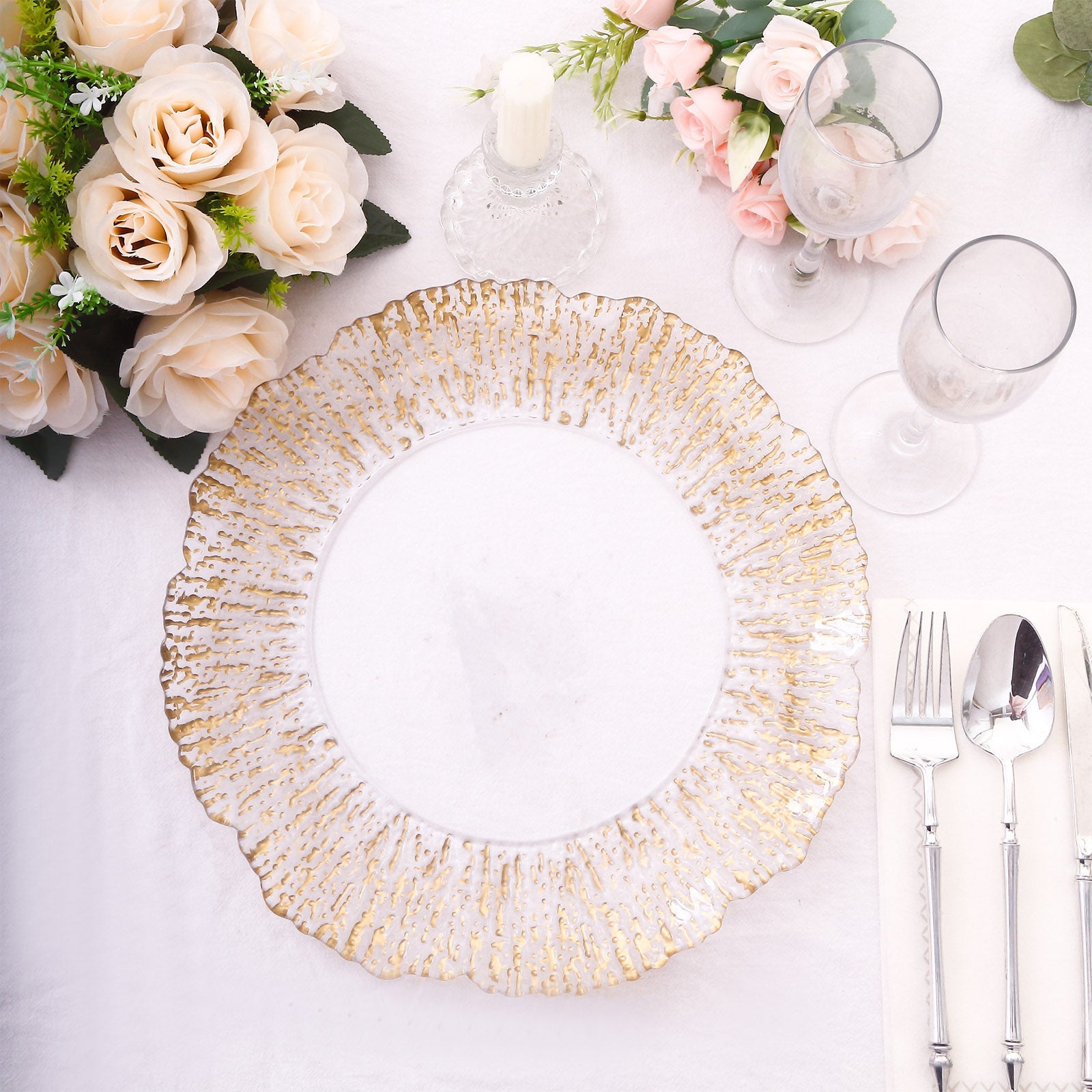 6-Pack Plastic Charger Plates 12", Round Clear with Gold Brushed Scalloped Reef Rim - Decorative Dinner Party Serving Plates